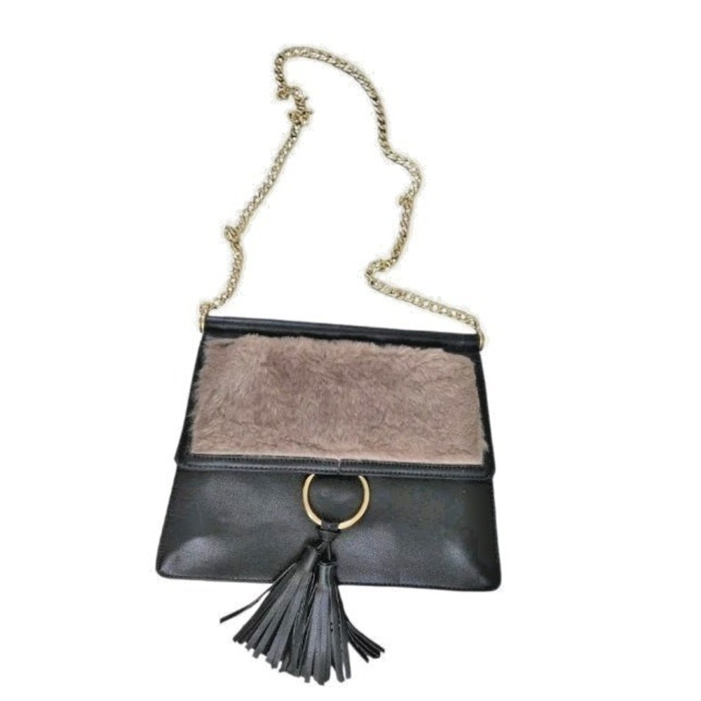 Womens Handbag #8831628 Black Leather Chain Handle Fur Tasseled Magnetic Clasp